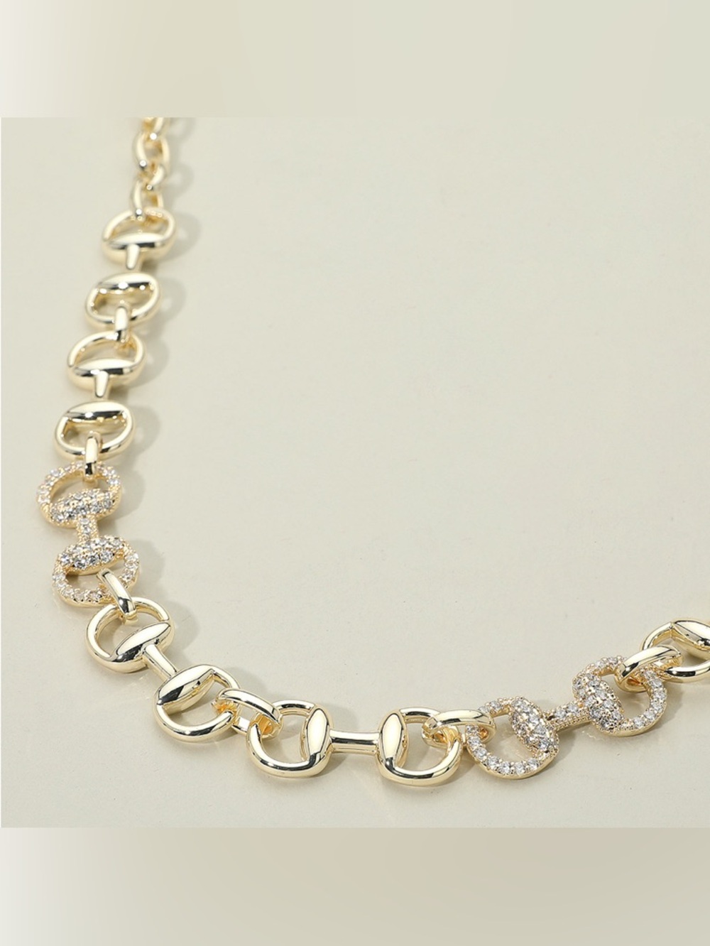 14K Gold Plated CZ Stone Paved Horsebit Link Chain Necklace